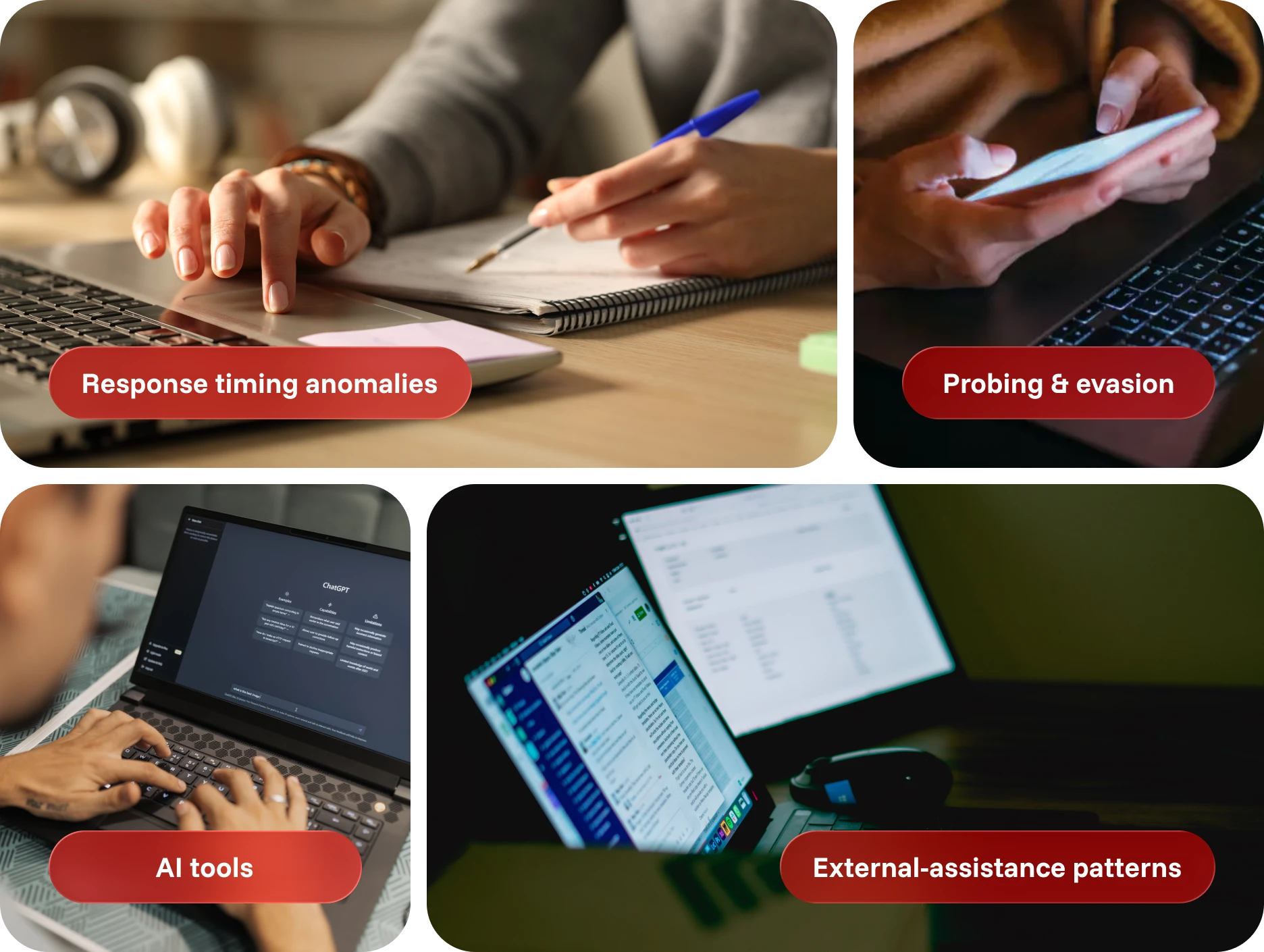 Four images showing hands using a laptop and phone with labels on AI cheating detection methods.