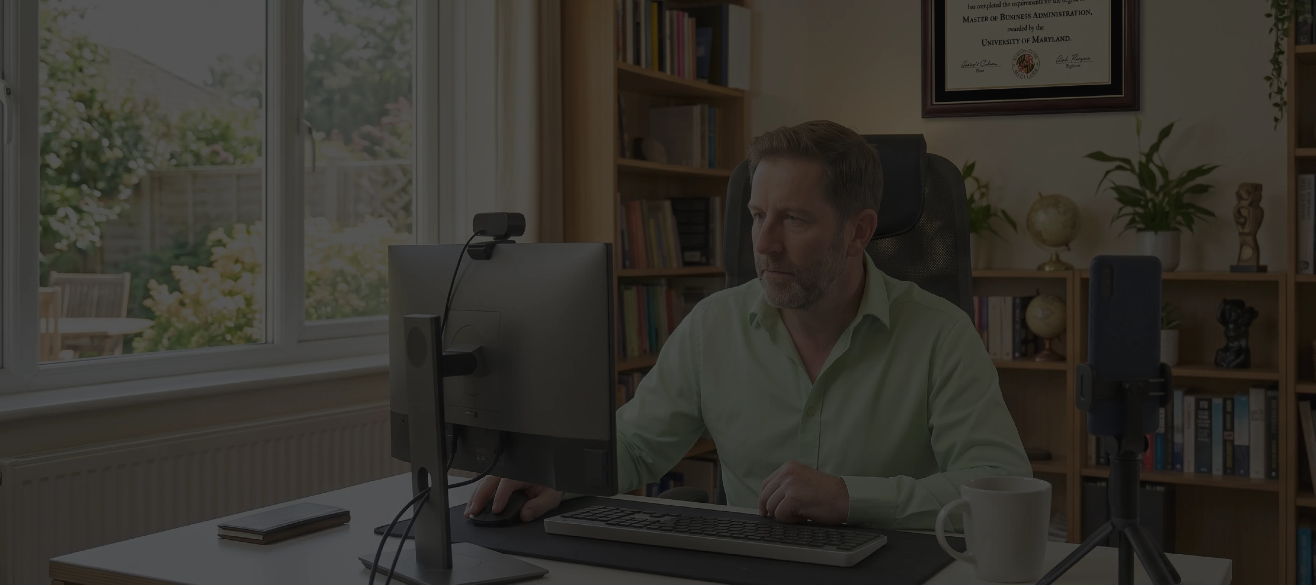 Man in green shirt working at desk with computer, webcam, smartphone on tripod, and bookshelf in background.