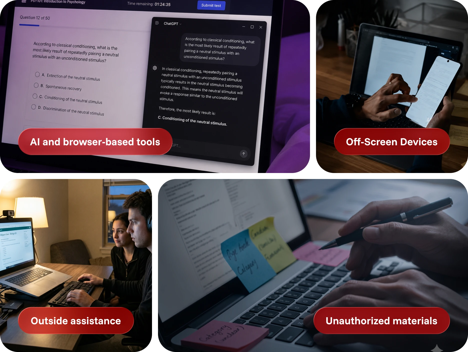 Collage showing AI tools, off-screen devices, outside assistance, and unauthorized materials during online exams.