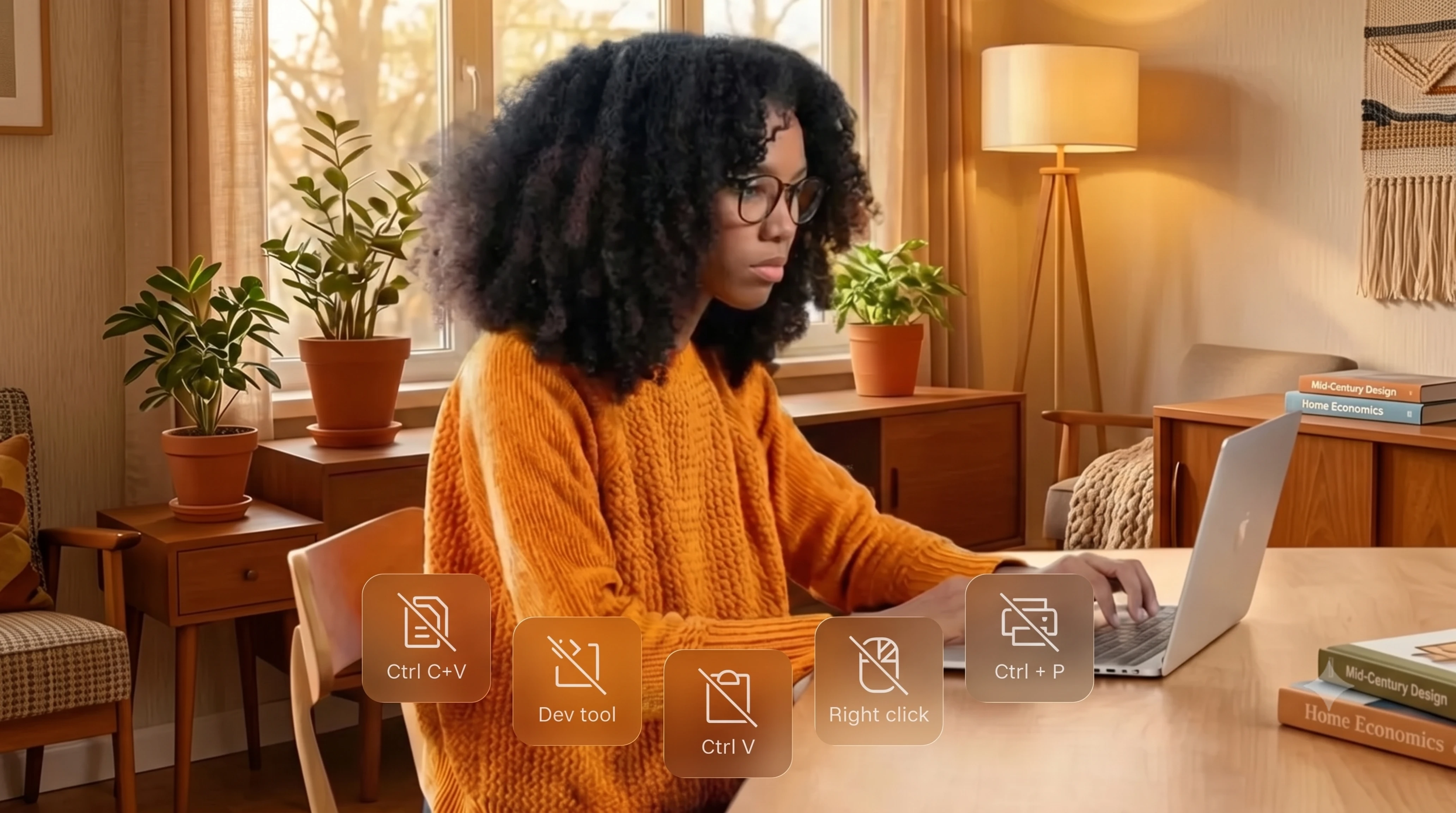 Woman with glasses using a laptop at a wooden table in a cozy room with plants and books.