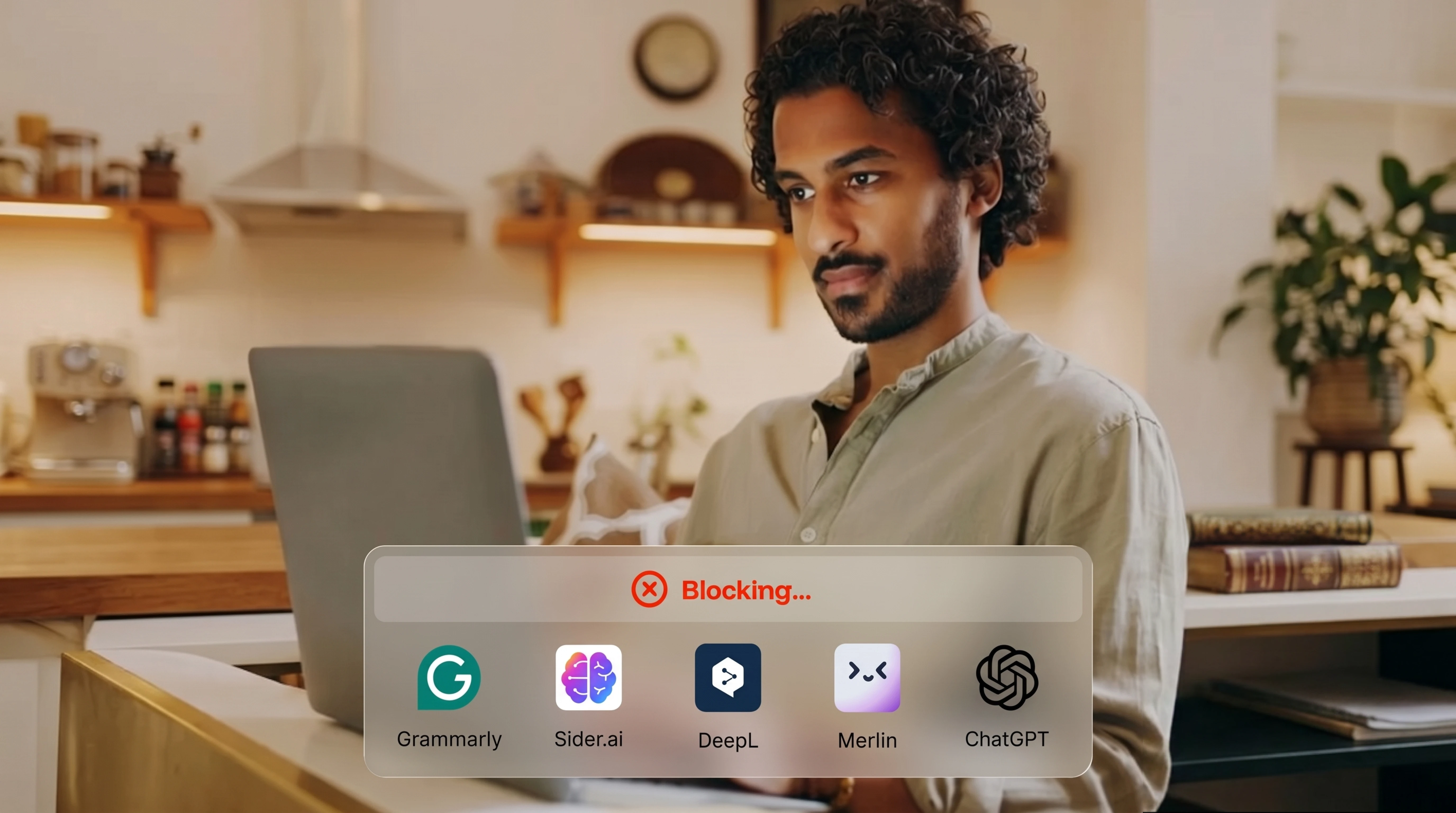 Man using laptop with onscreen message showing blocking of AI tools like Grammarly, DeepL, and ChatGPT.