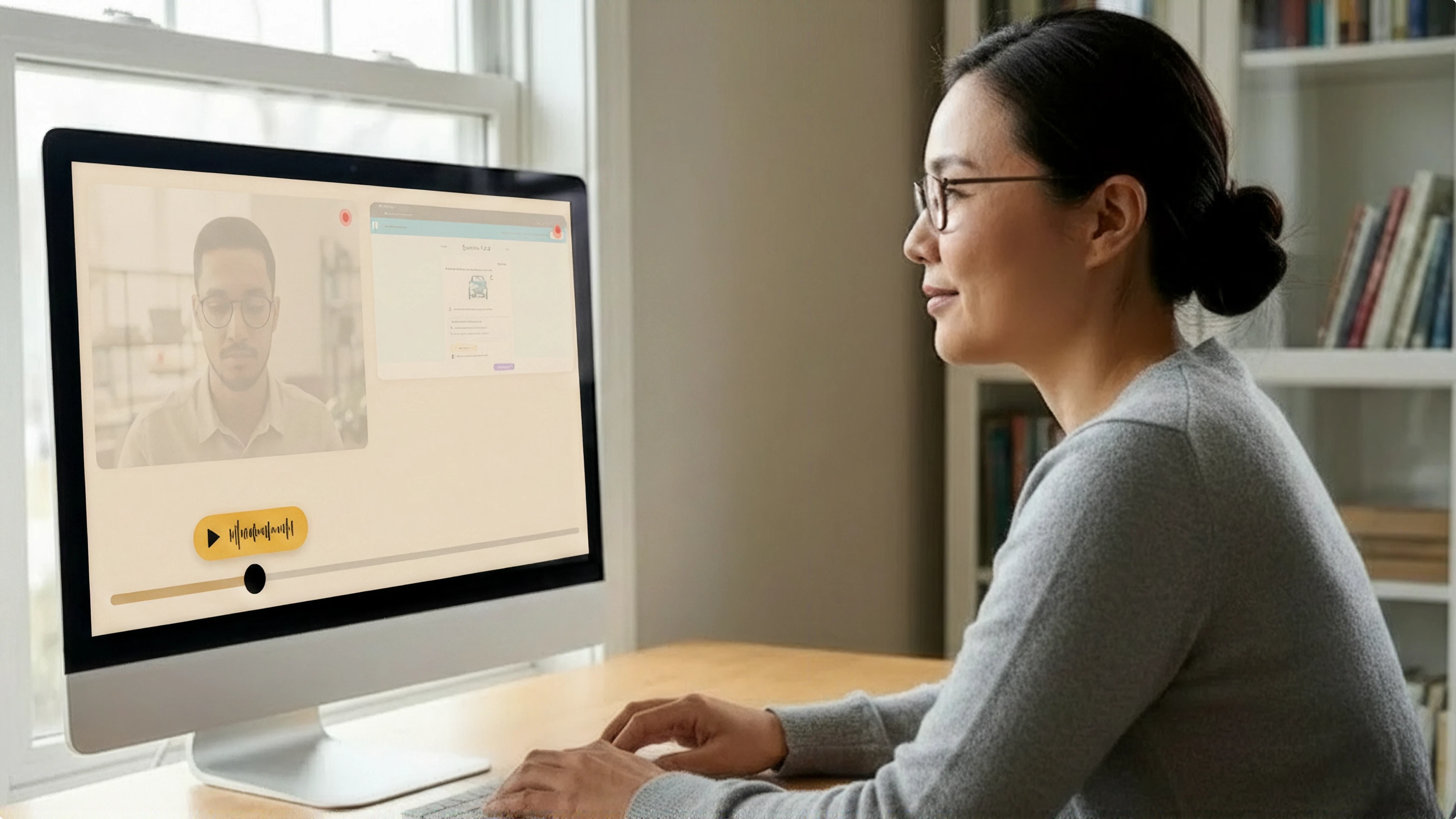 Woman with glasses sitting at a desk, video chatting with a man on an iMac screen in a home office.
