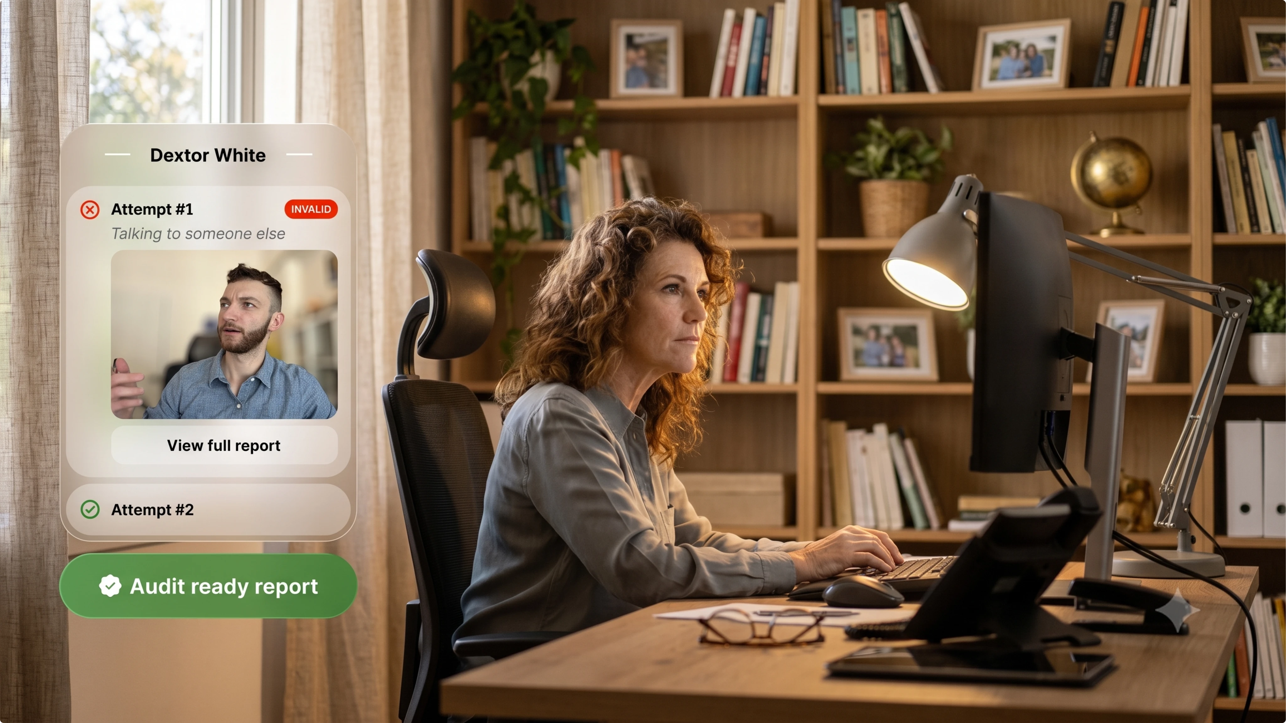 Woman working at desktop computer in office with audit report on screen about identity verification attempts.