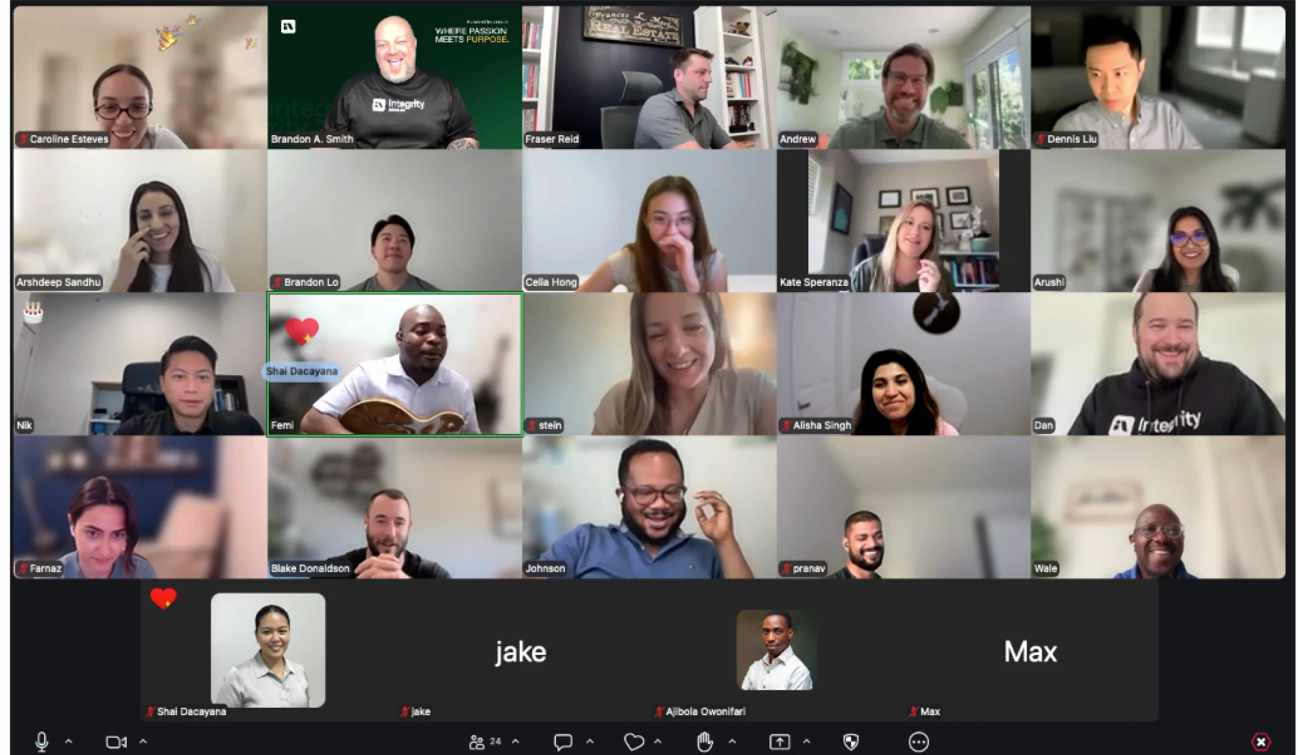 Video call grid with multiple smiling participants, some with muted microphones and some using virtual backgrounds.