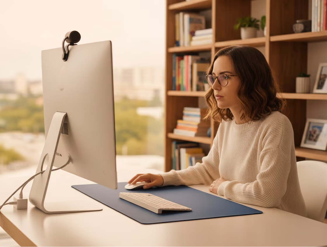 Woman wearing glasses focused on a desktop computer in a home office with a bookshelf background.