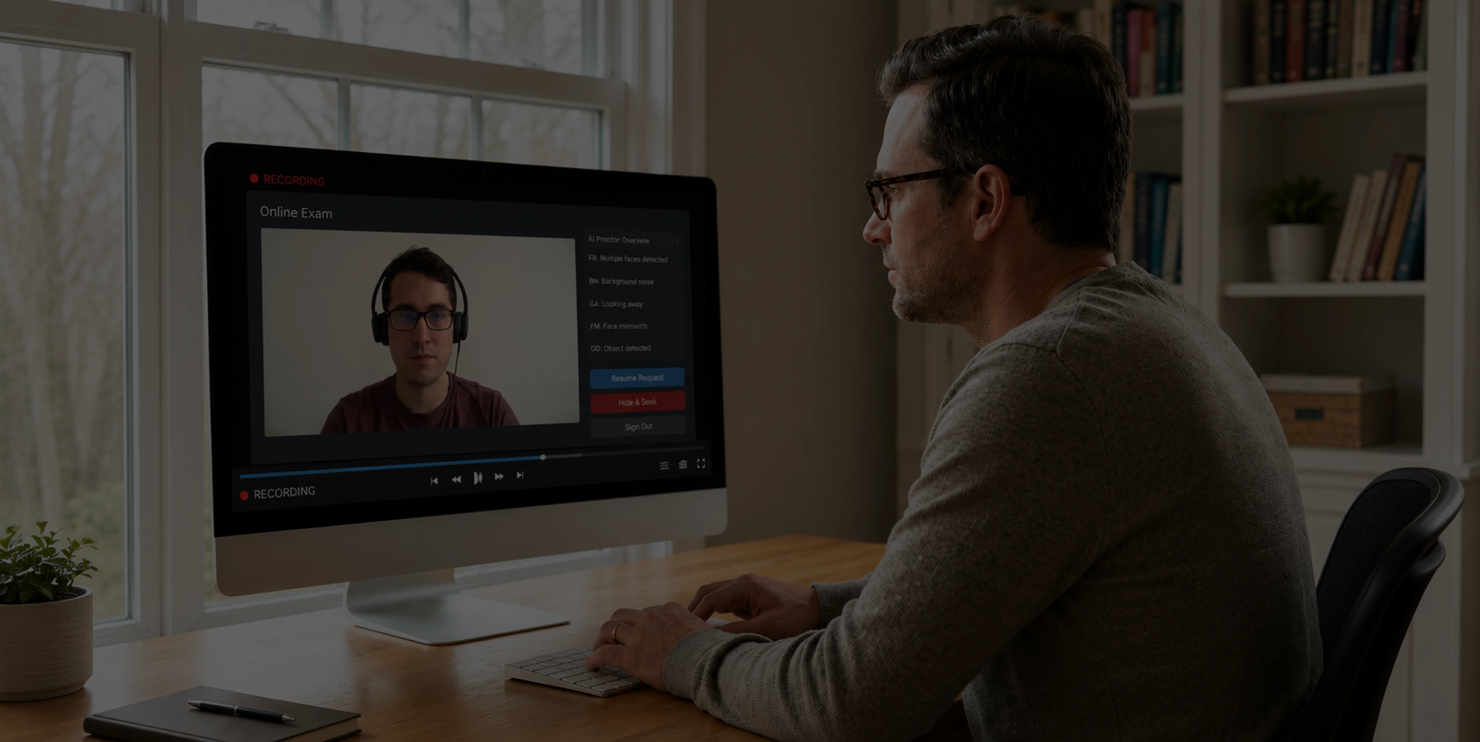 Man with glasses taking an online exam monitored by AI proctor on desktop computer.