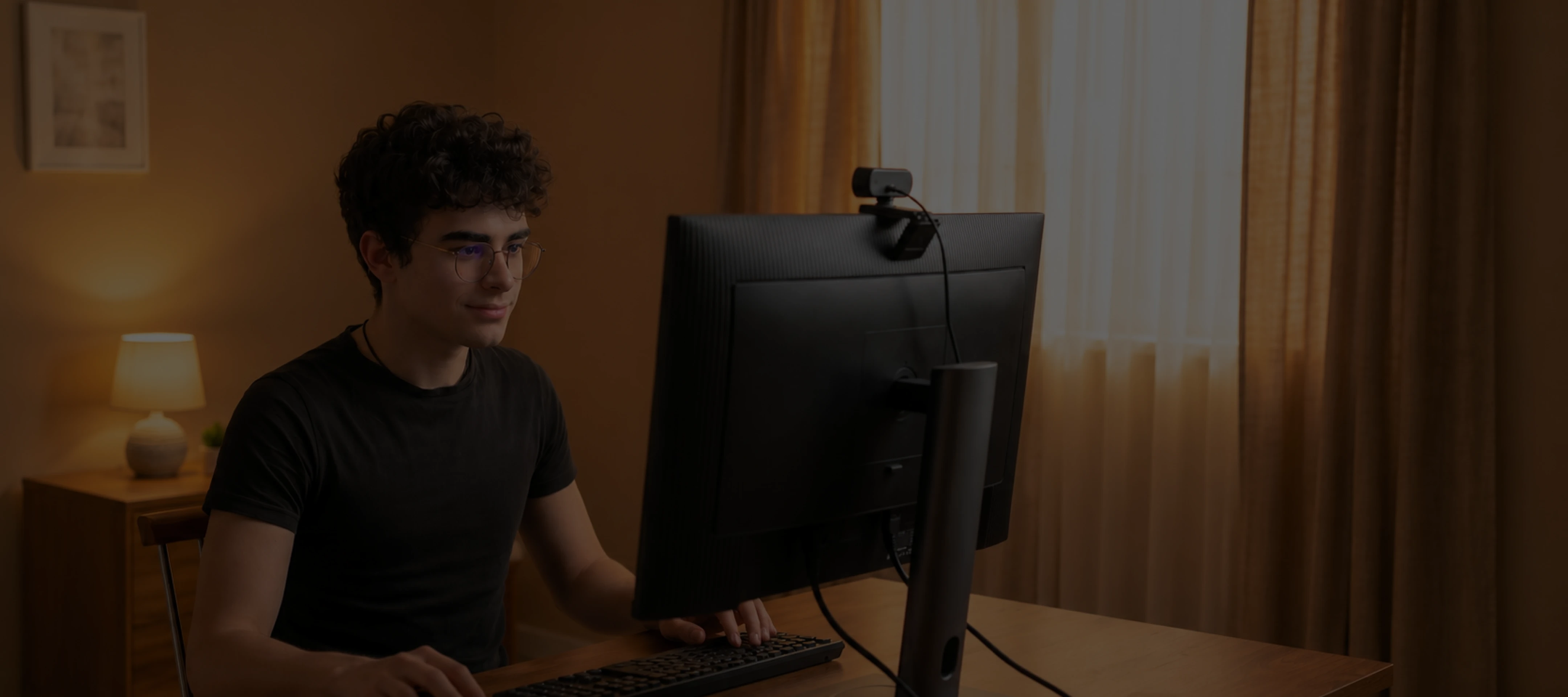 Young man with glasses working on a desktop computer in a warmly lit room with curtains and a lamp.