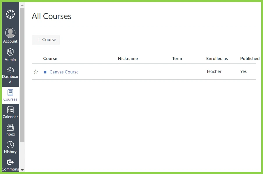 Canvas LMS All Courses page showing one course titled Canvas Course with enrollment as Teacher and published status Yes.
