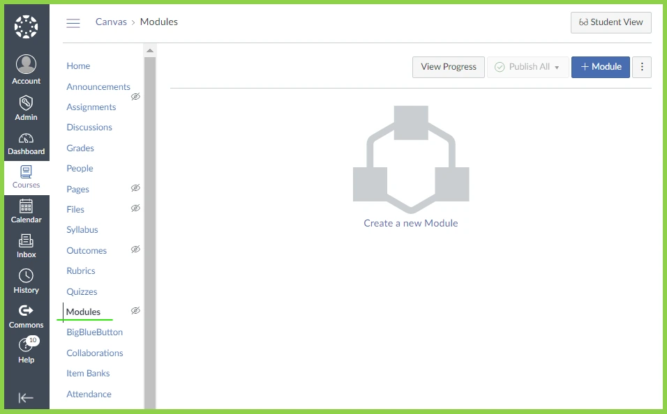 Canvas LMS interface showing empty Modules page with option to create a new module and side menu.