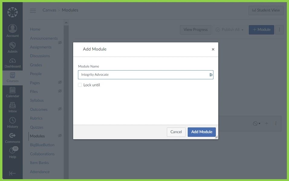 Canvas interface showing dialog to add a module named Integrity Advocate with options to lock, cancel, or add module.