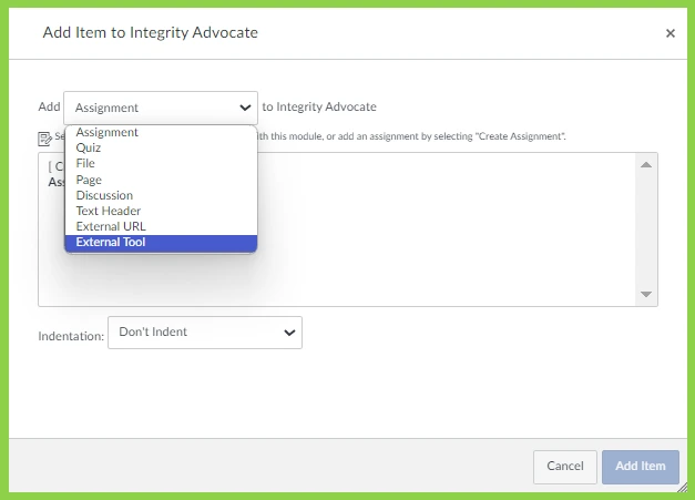 Dialog box to add item to Integrity Advocate with dropdown menu showing options like Assignment, Quiz, and External Tool.
