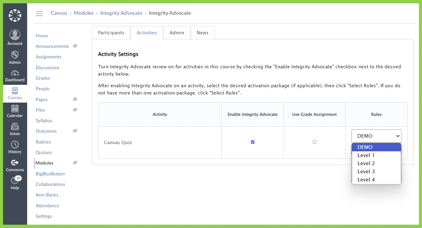 Canvas Integrity Advocate settings page where users enable integrity review and select rules for activities.