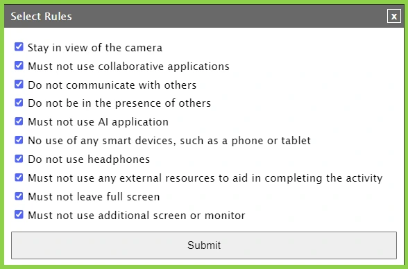 Popup titled 'Select Rules' listing 10 checked rules for an activity, with a Submit button at the bottom.