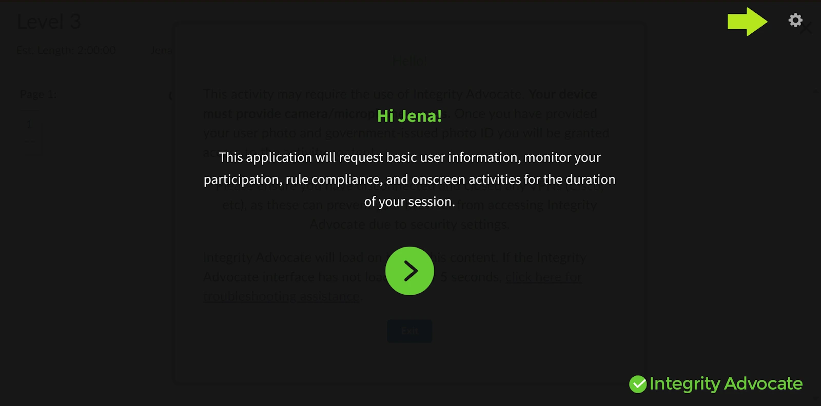 Popup welcomes user Jena, explains monitoring for participation, compliance, and onscreen activity during session.