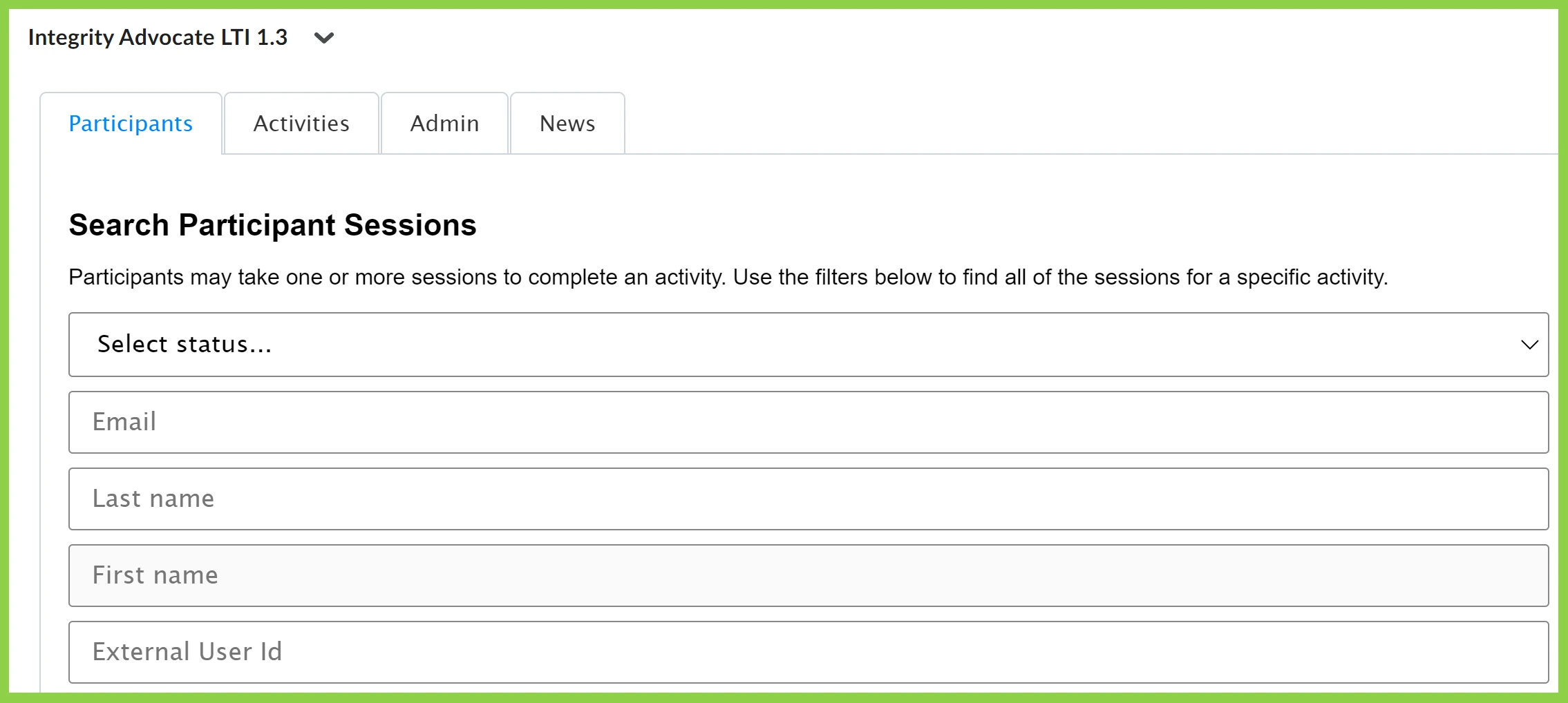 Search interface for participant sessions with filters for status, email, last name, first name, and external user ID.