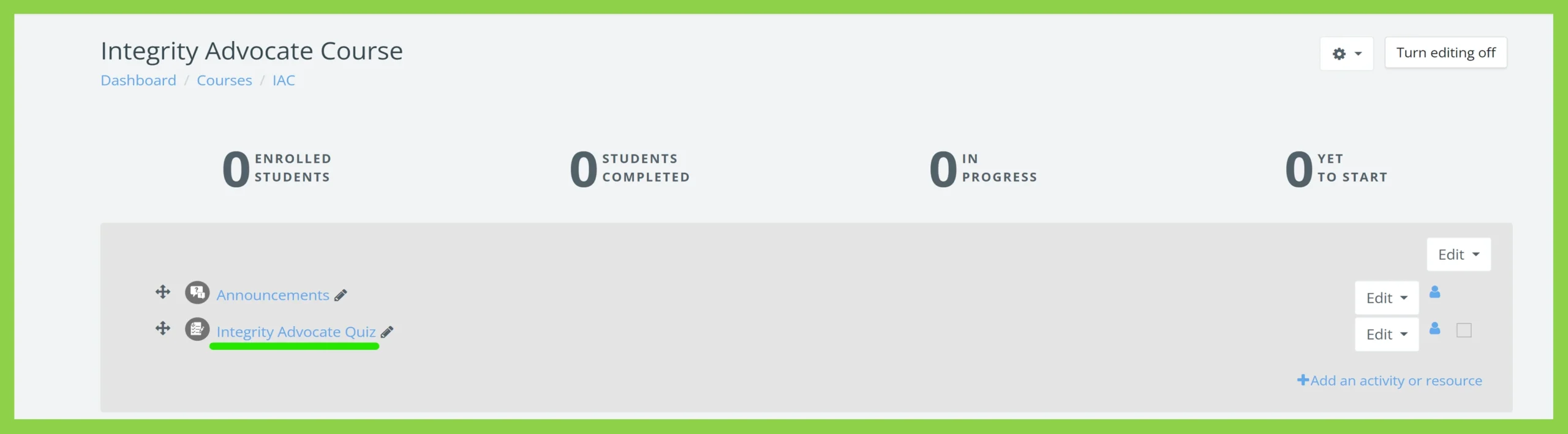 Integrity Advocate Course dashboard showing zero enrolled, completed, and in-progress students.