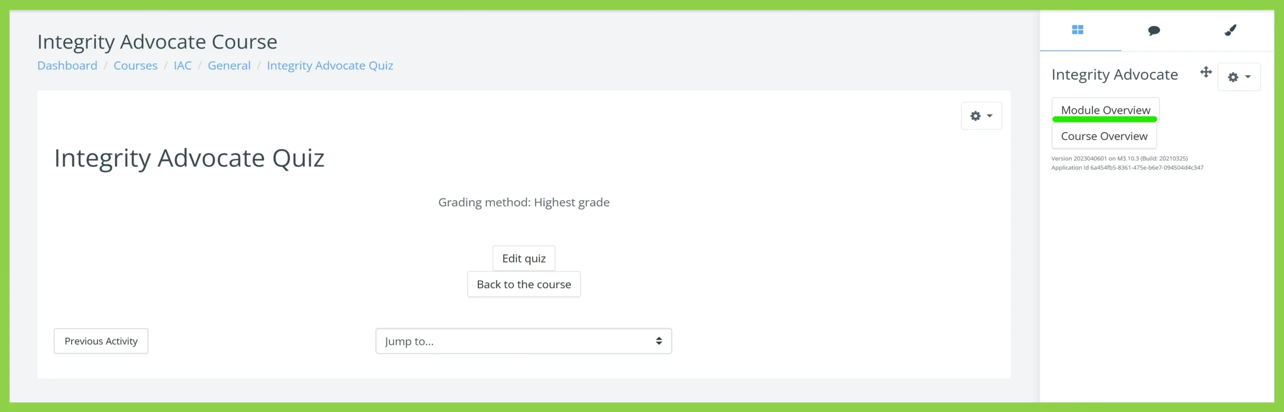 Webpage showing Integrity Advocate Quiz with options to edit quiz, go back, and navigation buttons.
