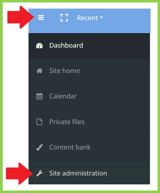 Website sidebar with menu icon, dashboard, site home, calendar, private files, content bank, and site administration link.