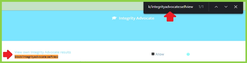 Webpage banner with Integrity Advocate logo and text link to view own Integrity Advocate results.