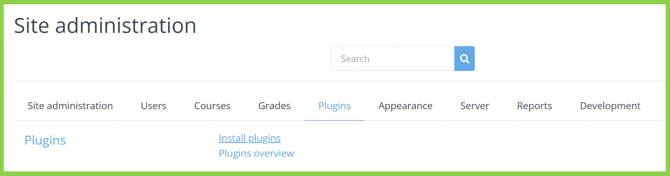 Site administration page with navigation tabs and plugin installation links.