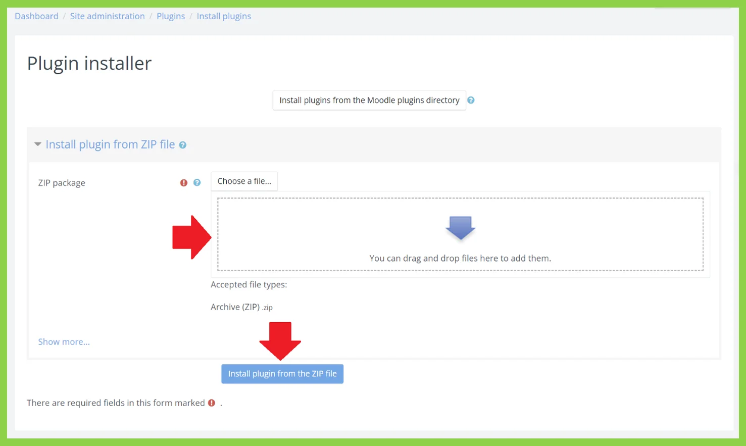 Plugin installer page showing option to upload and install plugin from a ZIP file with drag-and-drop area.