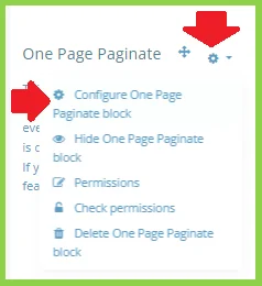 Settings menu for One Page Paginate with options to configure, hide, set permissions, check permissions, or delete.