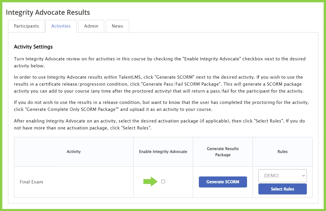 Integrity Advocate Results page showing how to enable Integrity Advocate for course activities and generate SCORM packages.