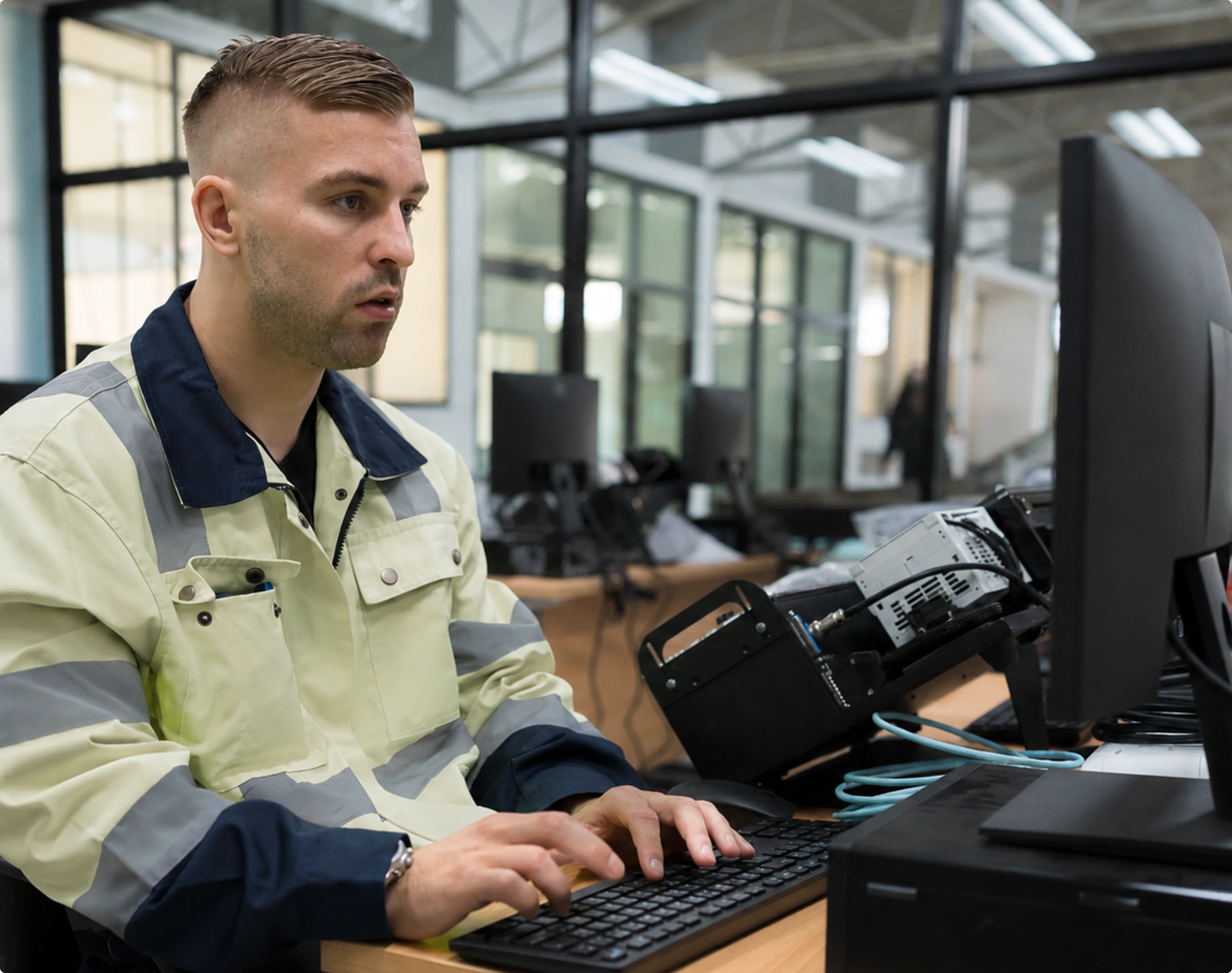 Man in safety jacket working on a computer in a modern office with technical equipment nearby.