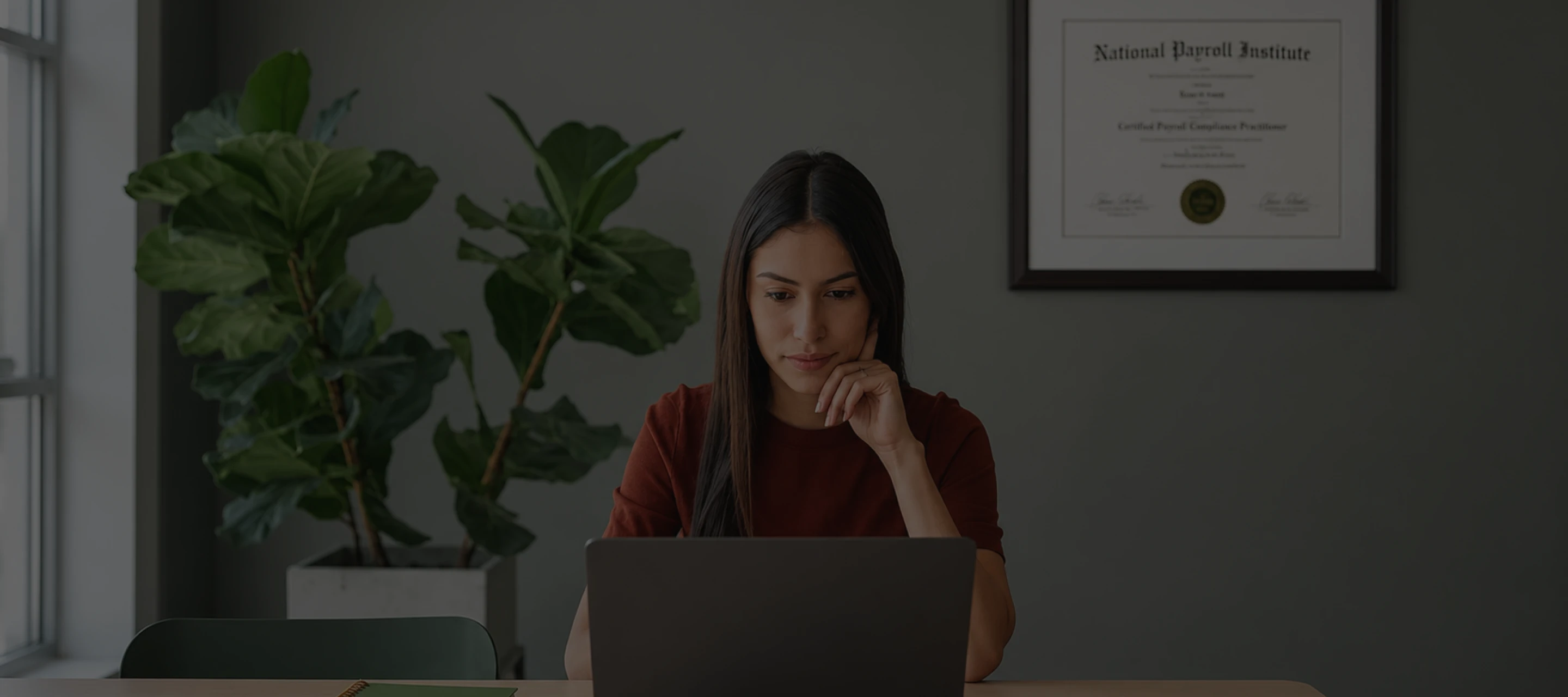 Woman with long dark hair working on a laptop at a desk with a plant and certificate behind her.