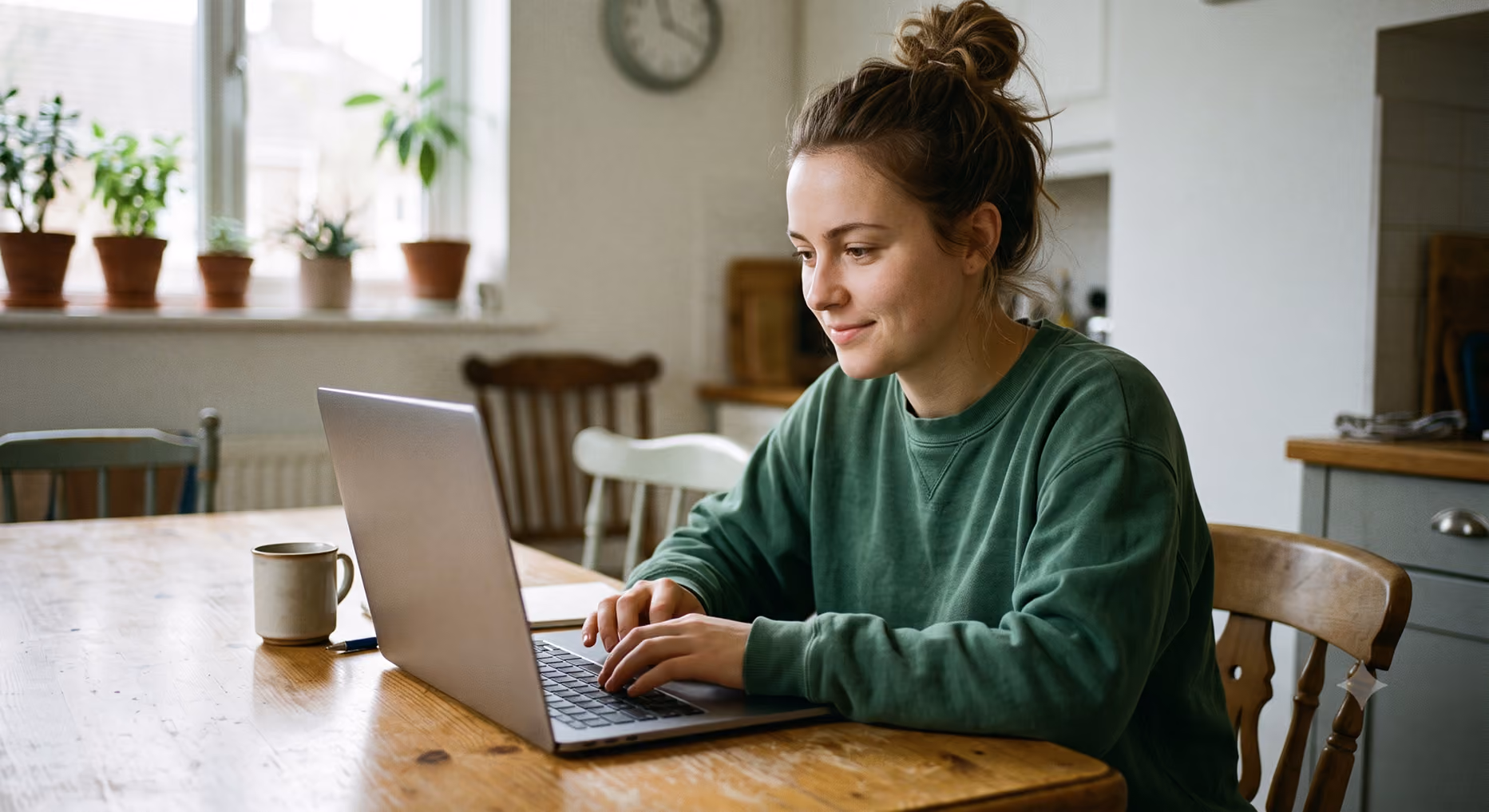 Young woman in a green sweater typing on a laptop at a wooden table in a cozy kitchen.