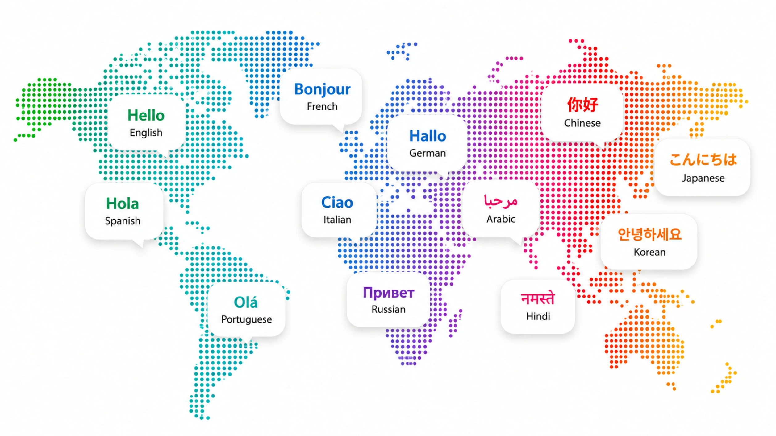 World map with dotted continents showing greetings in different languages: Hello, Hola, Bonjour, Hallo, 你好, and others.