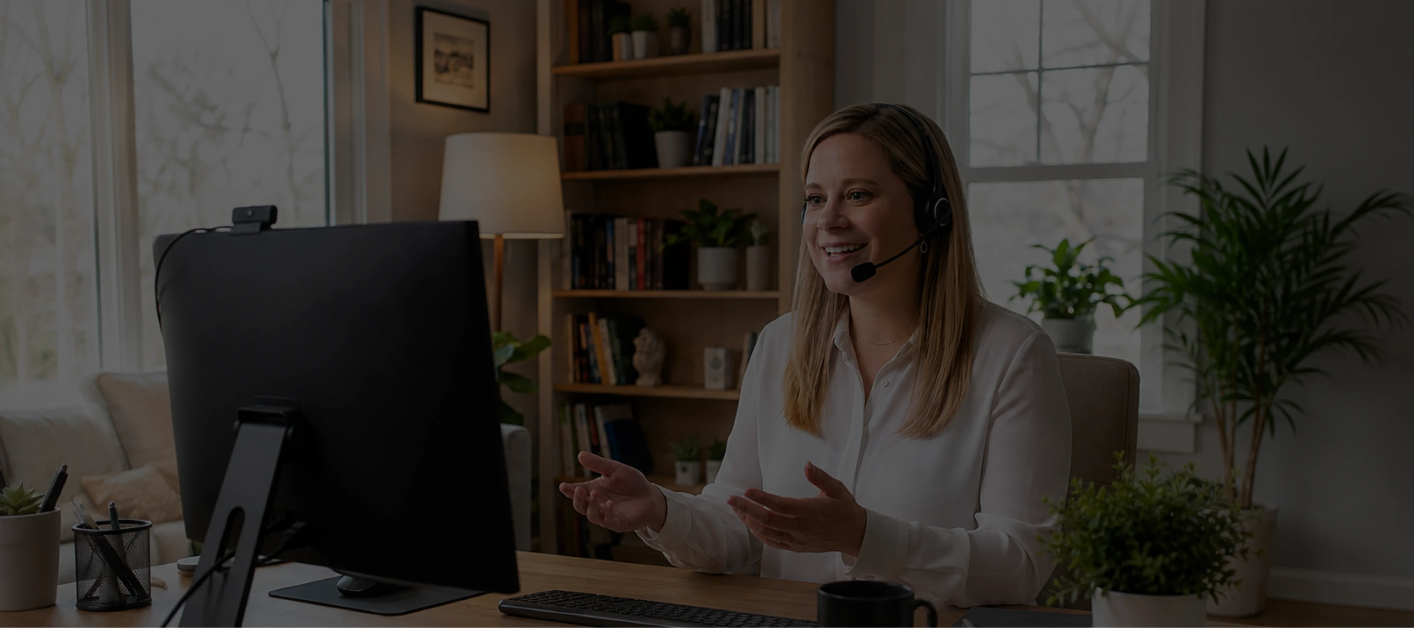 Woman wearing headset working on a desktop computer in a cozy home office with plants and books.