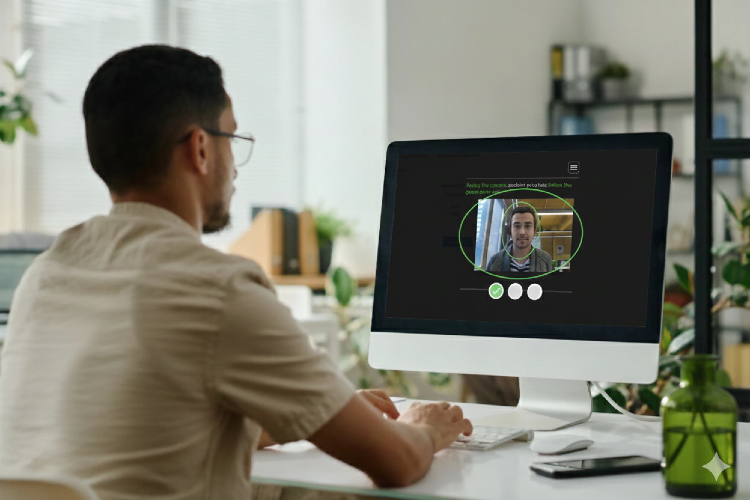 Man sitting at desk using desktop computer with facial recognition software active on screen.