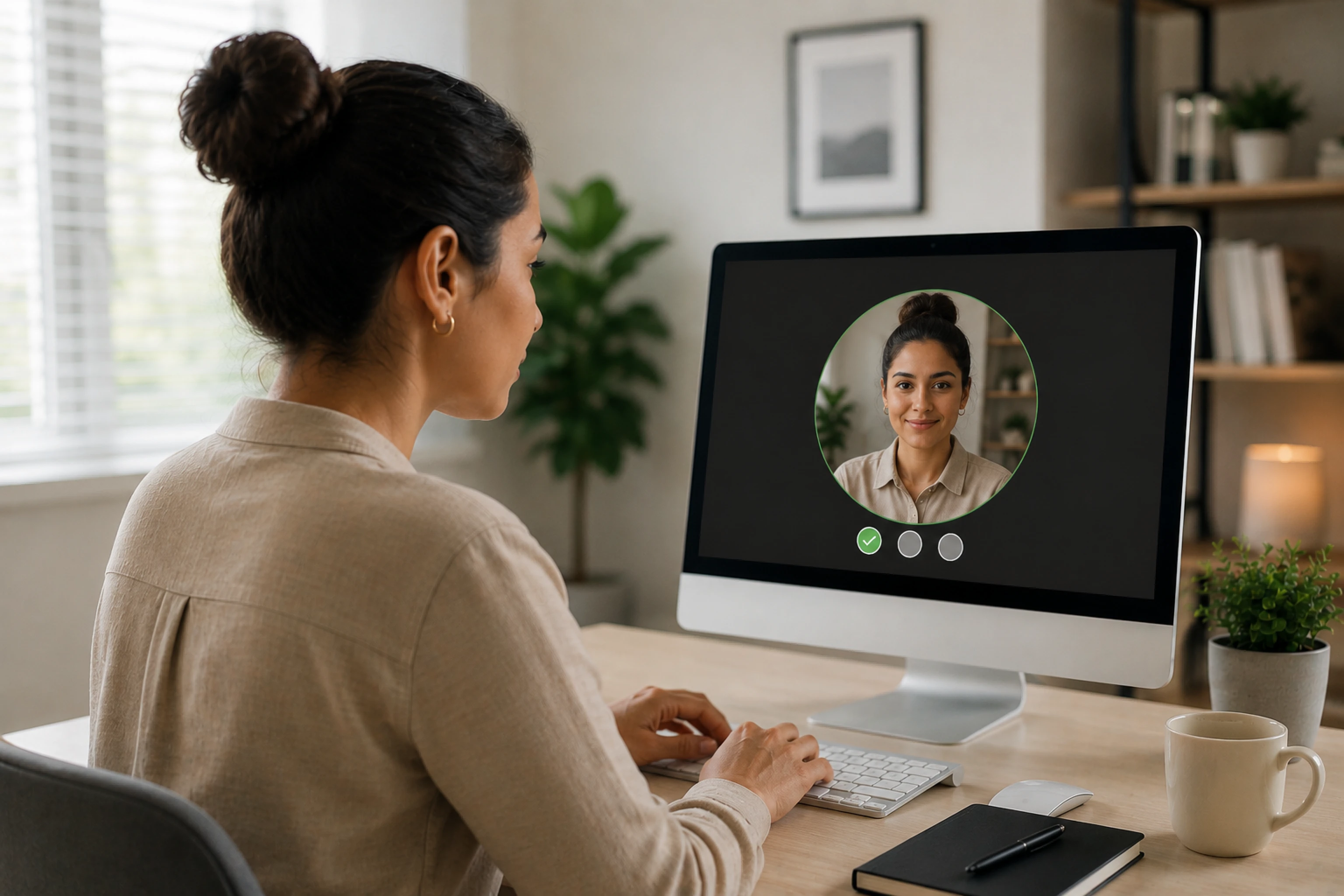 Woman sitting at a desk verifying her identity via facial recognition on a desktop computer.