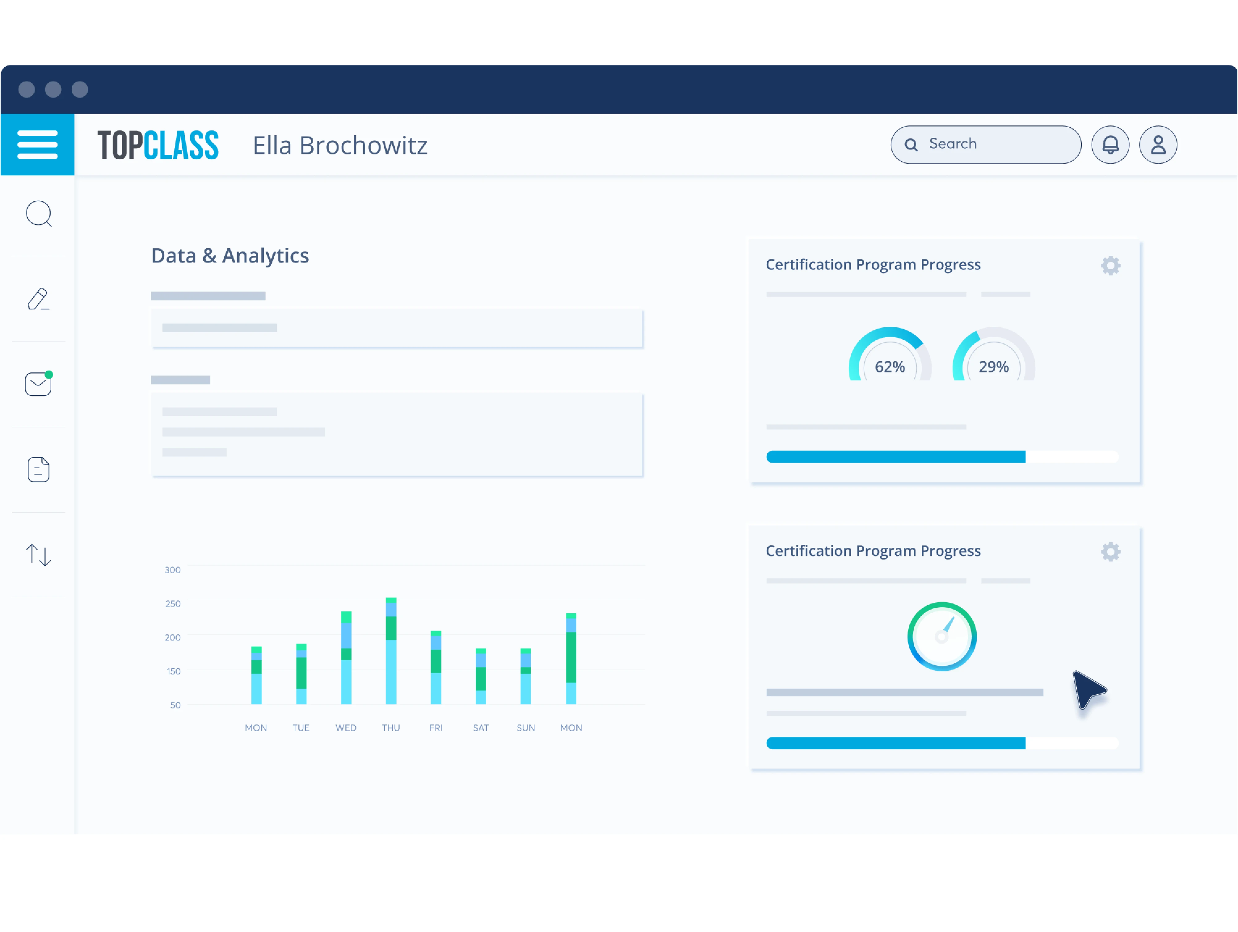 Dashboard showing data analytics with a weekly bar chart and certification program progress indicators.