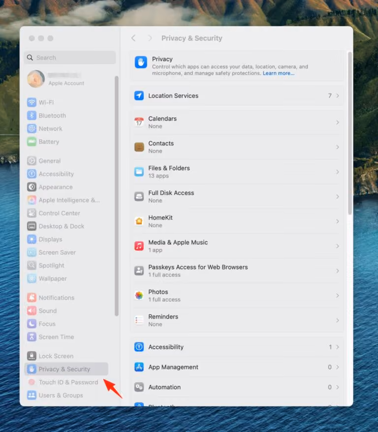 Mac system preferences window with Privacy & Security settings selected showing app permissions and access options.