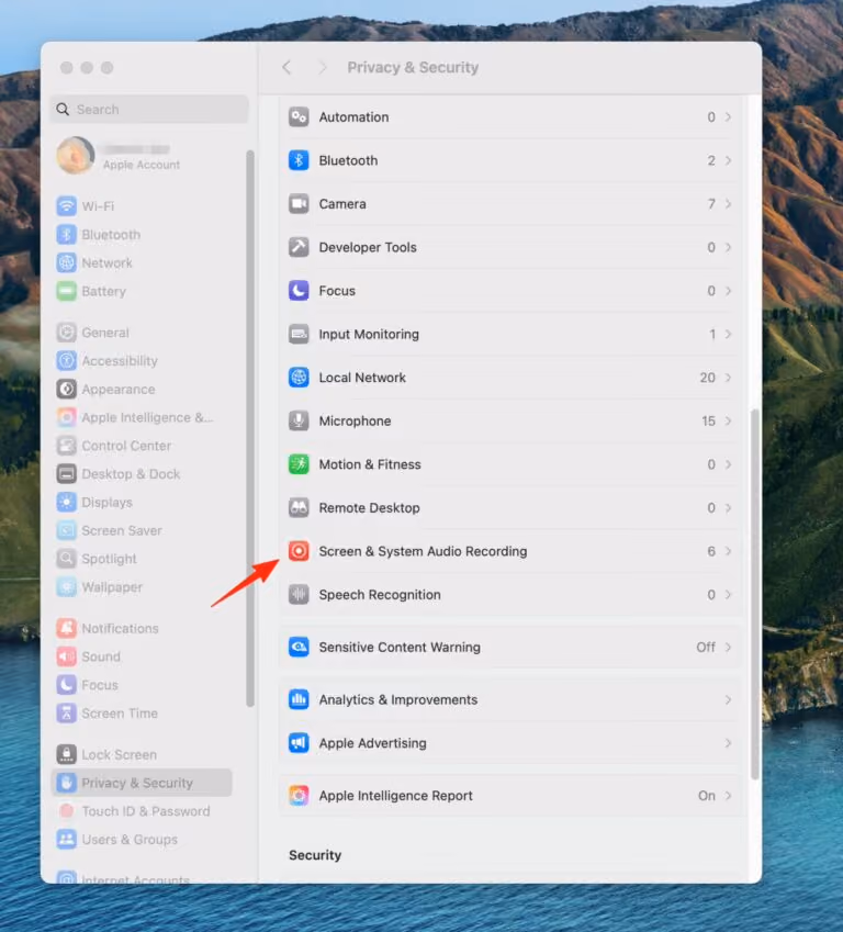Privacy & Security settings window on Mac with Screen & System Audio Recording option highlighted.