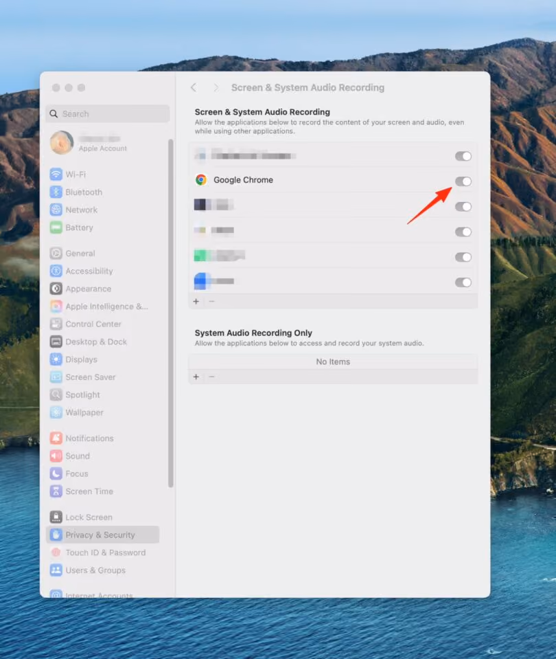 Mac privacy settings screen showing Screen & System Audio Recording permissions with Google Chrome toggle off.