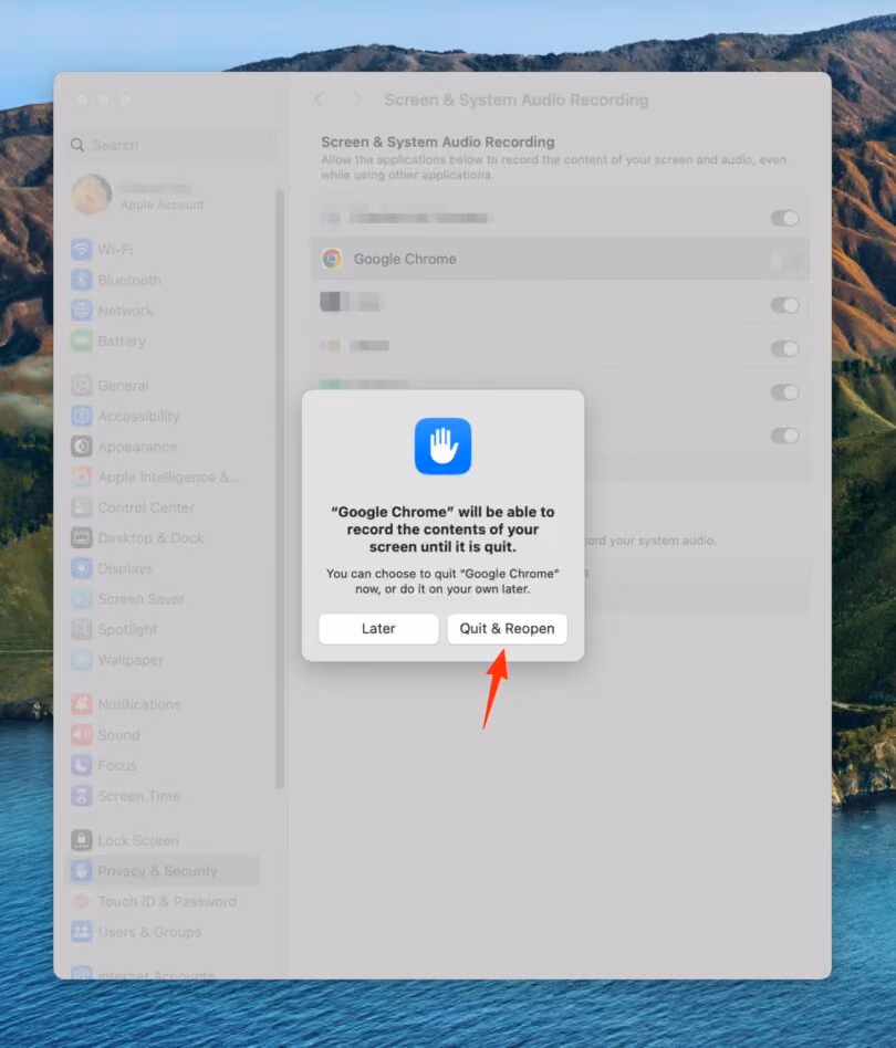 Popup on Mac asking to quit and reopen Google Chrome to enable screen recording permissions.