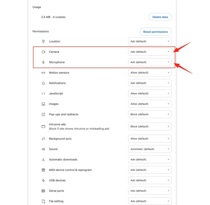 Browser permissions settings with camera and microphone set to Ask (default) highlighted in red box.