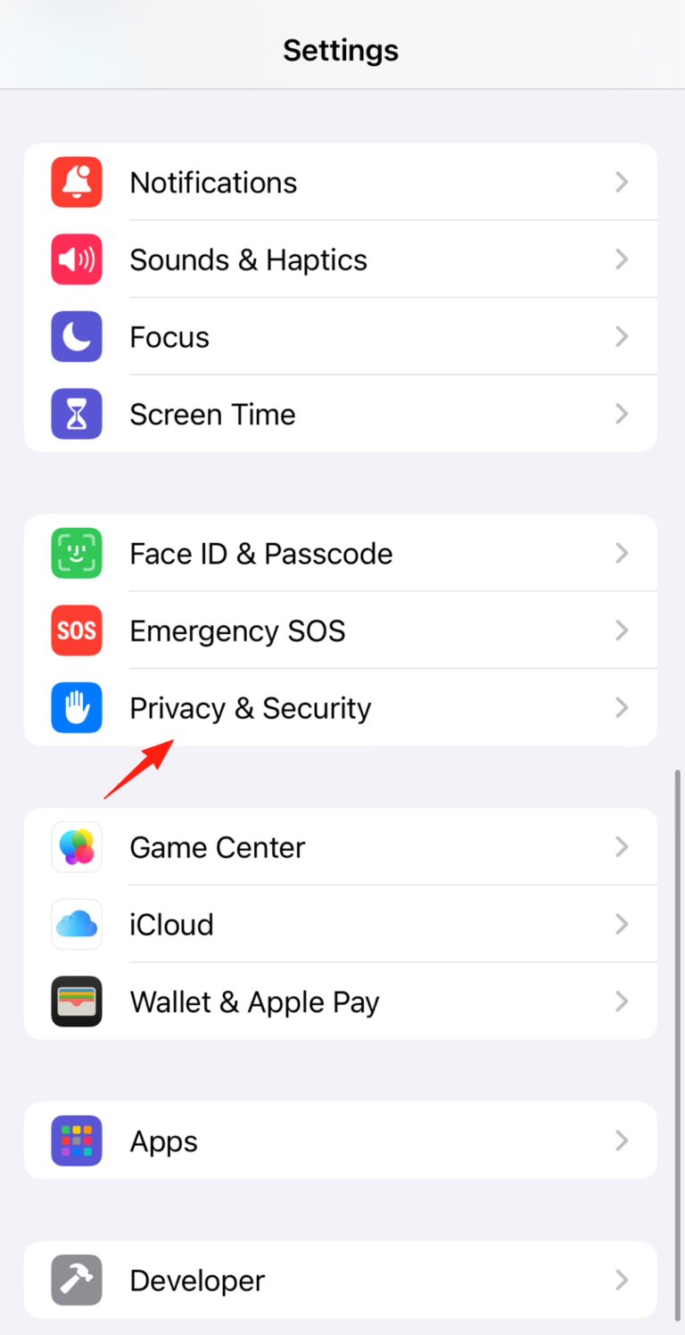 iPhone Settings menu showing options like Notifications, Sounds, Focus, Privacy & Security, and more.