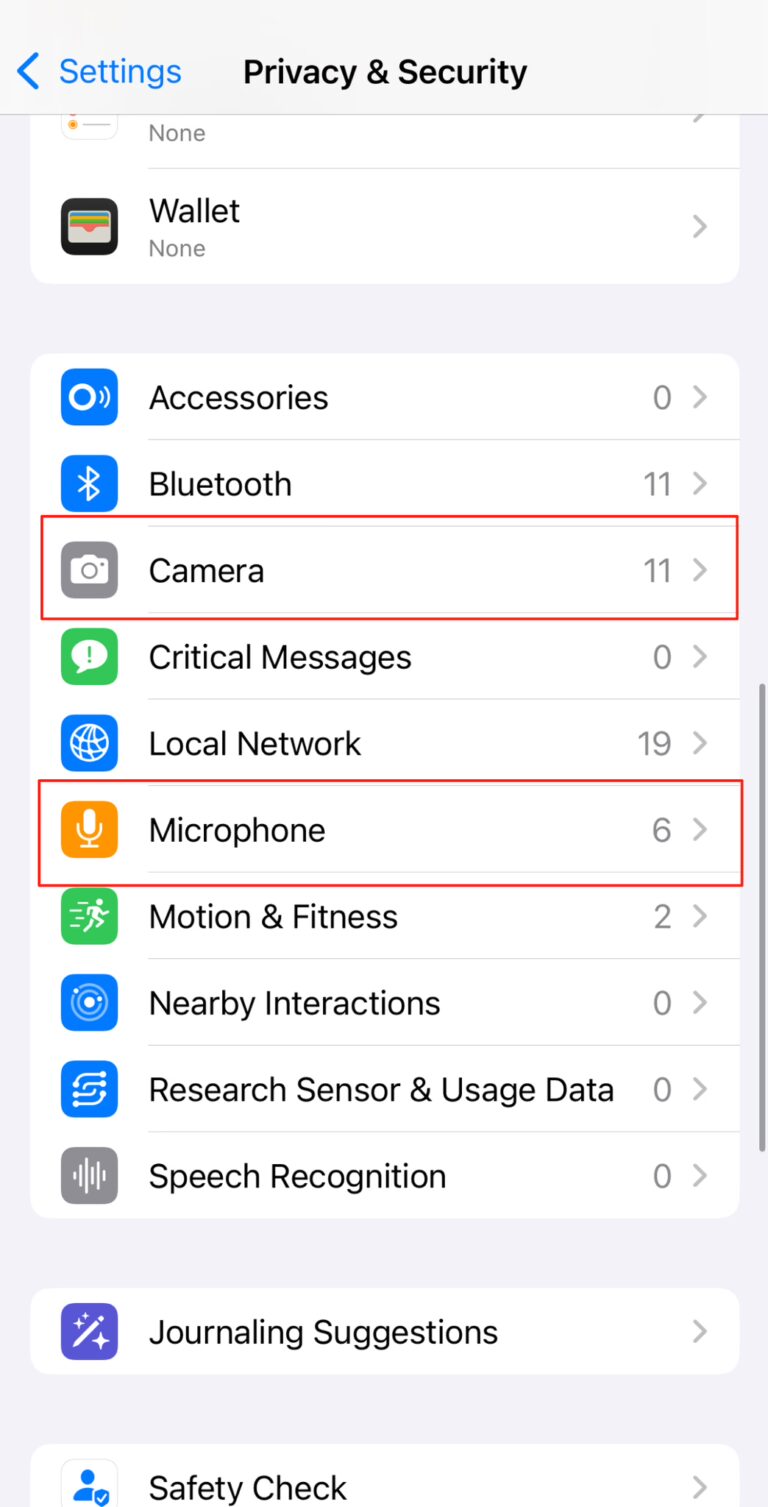 iPhone Privacy & Security settings showing Camera with 11 apps and Microphone with 6 apps highlighted.
