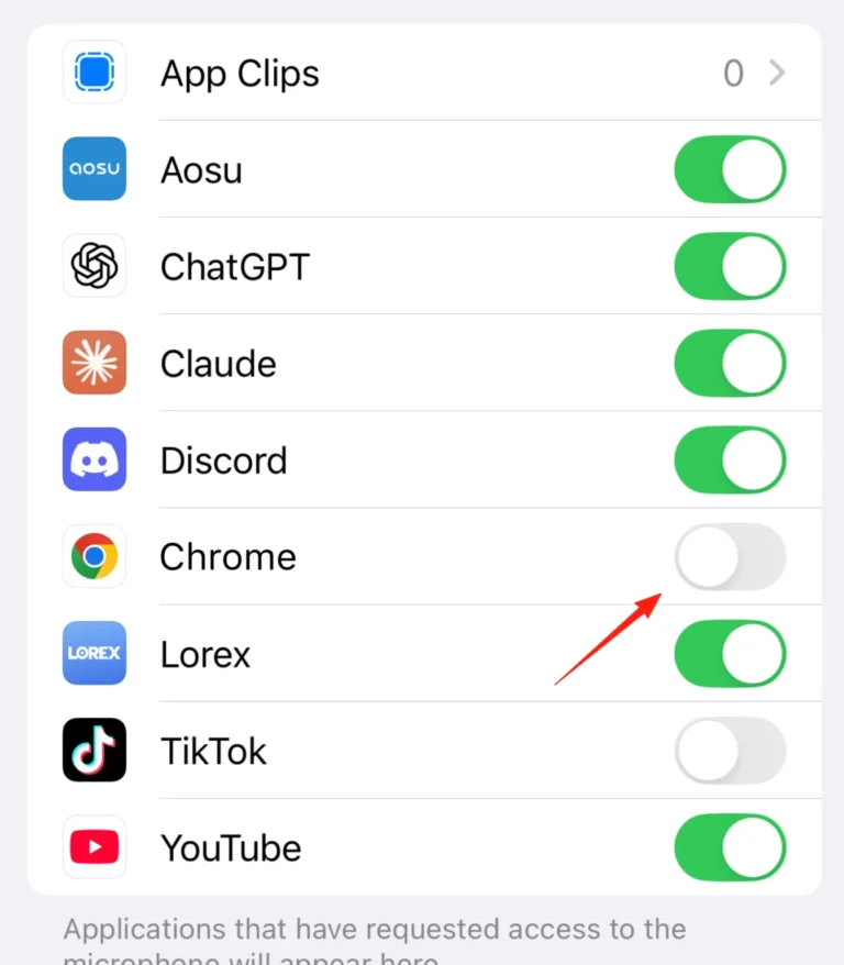 List of apps with microphone access toggles on iOS; Chrome and TikTok toggles are off, others are on.