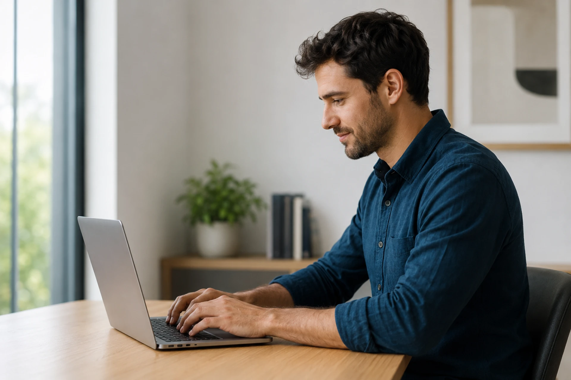 Man with dark hair and beard typing on a laptop at a wooden desk in a bright room.