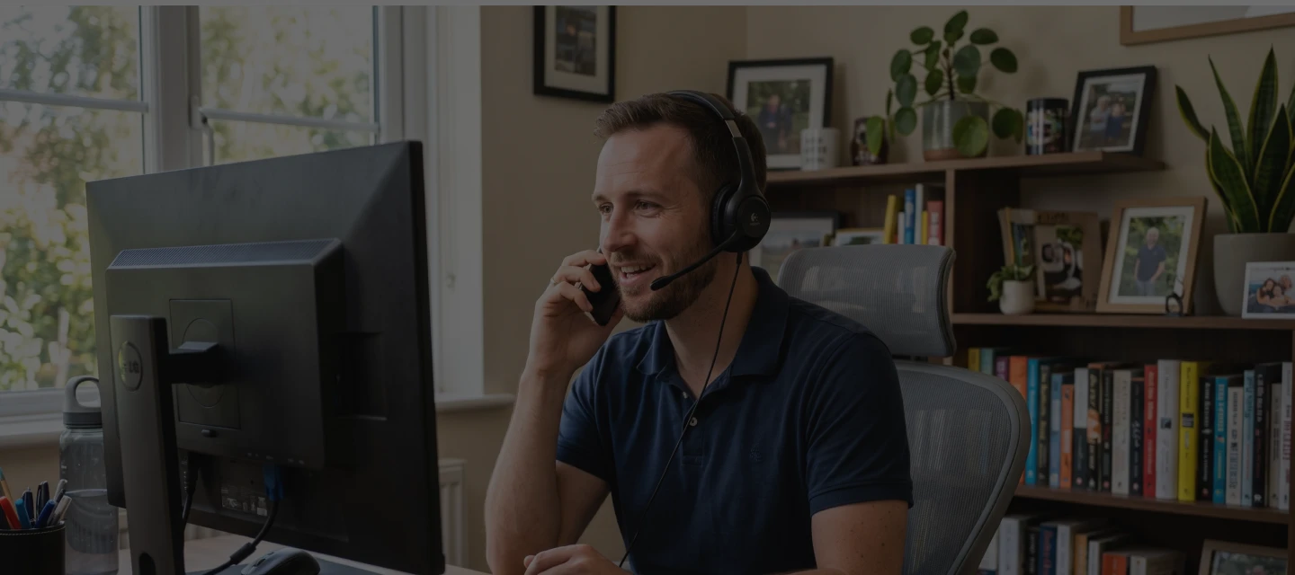 Man wearing headset speaking on cell phone at desk with computer and bookshelves in background.