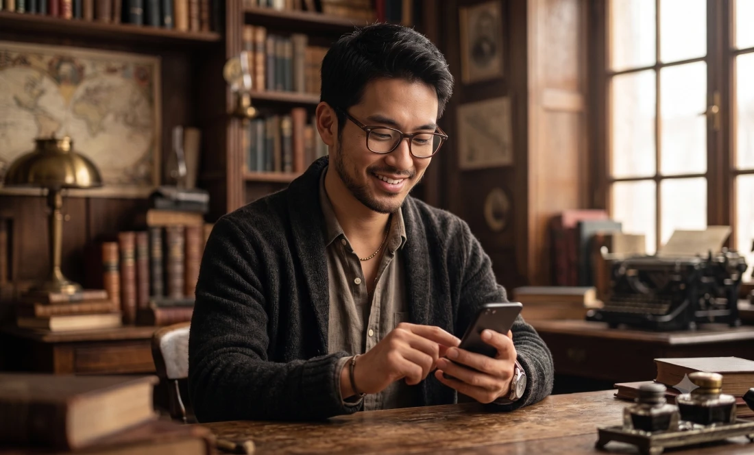 Smiling man wearing glasses and cardigan uses a smartphone at a wooden desk in a vintage library.