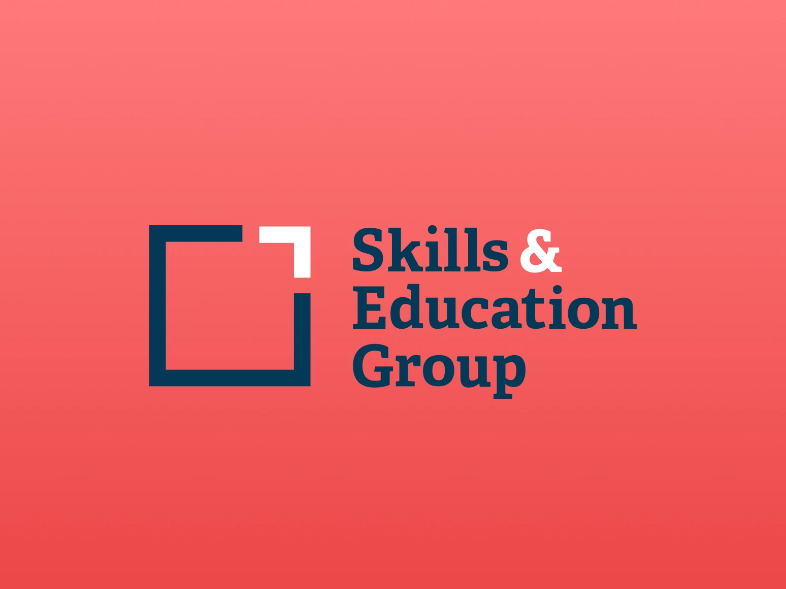 Skills & Education Group logo with navy square and white corner on a coral background.