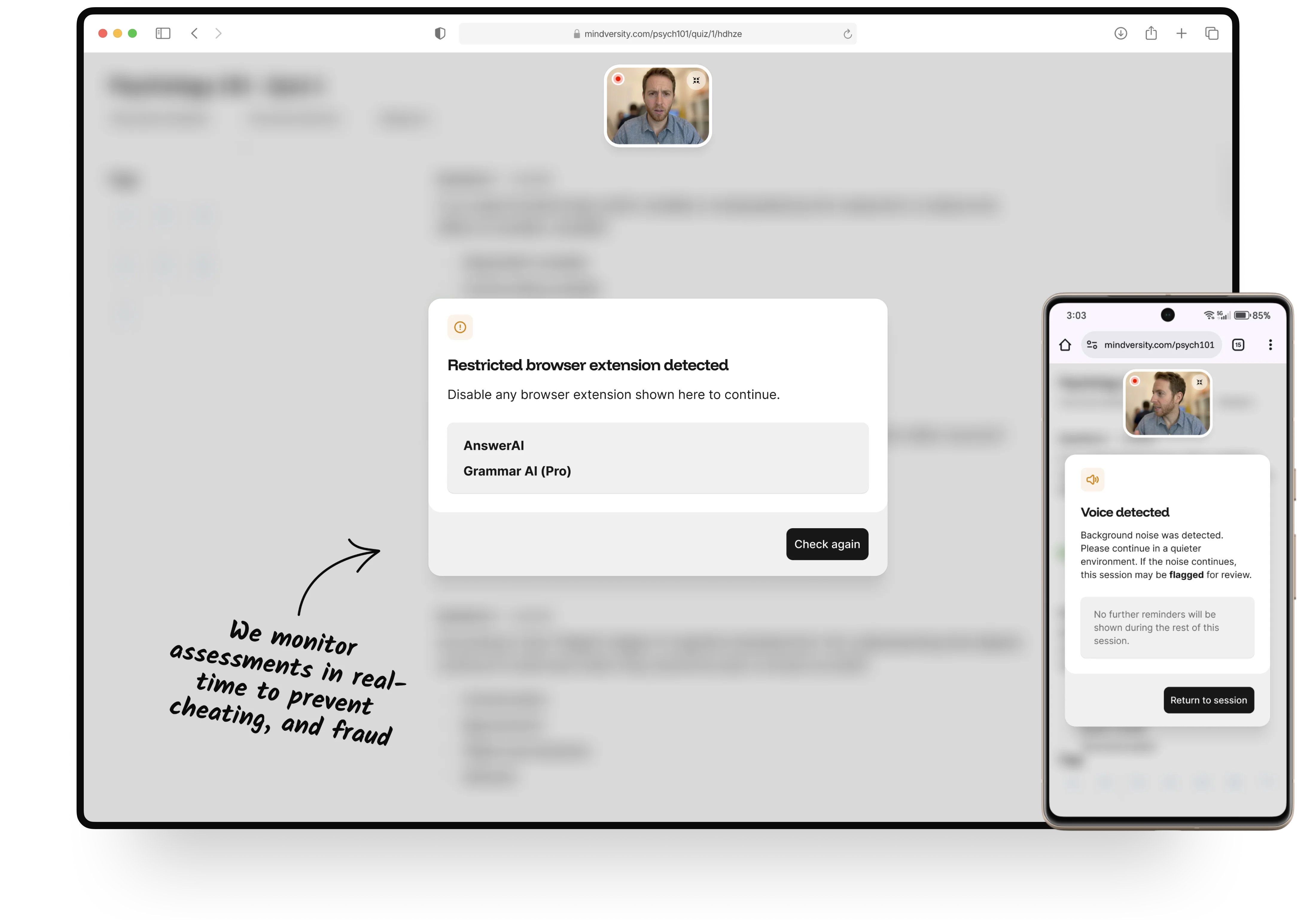 Browser shows alerts about restricted extensions and detected voice during online exam proctoring.