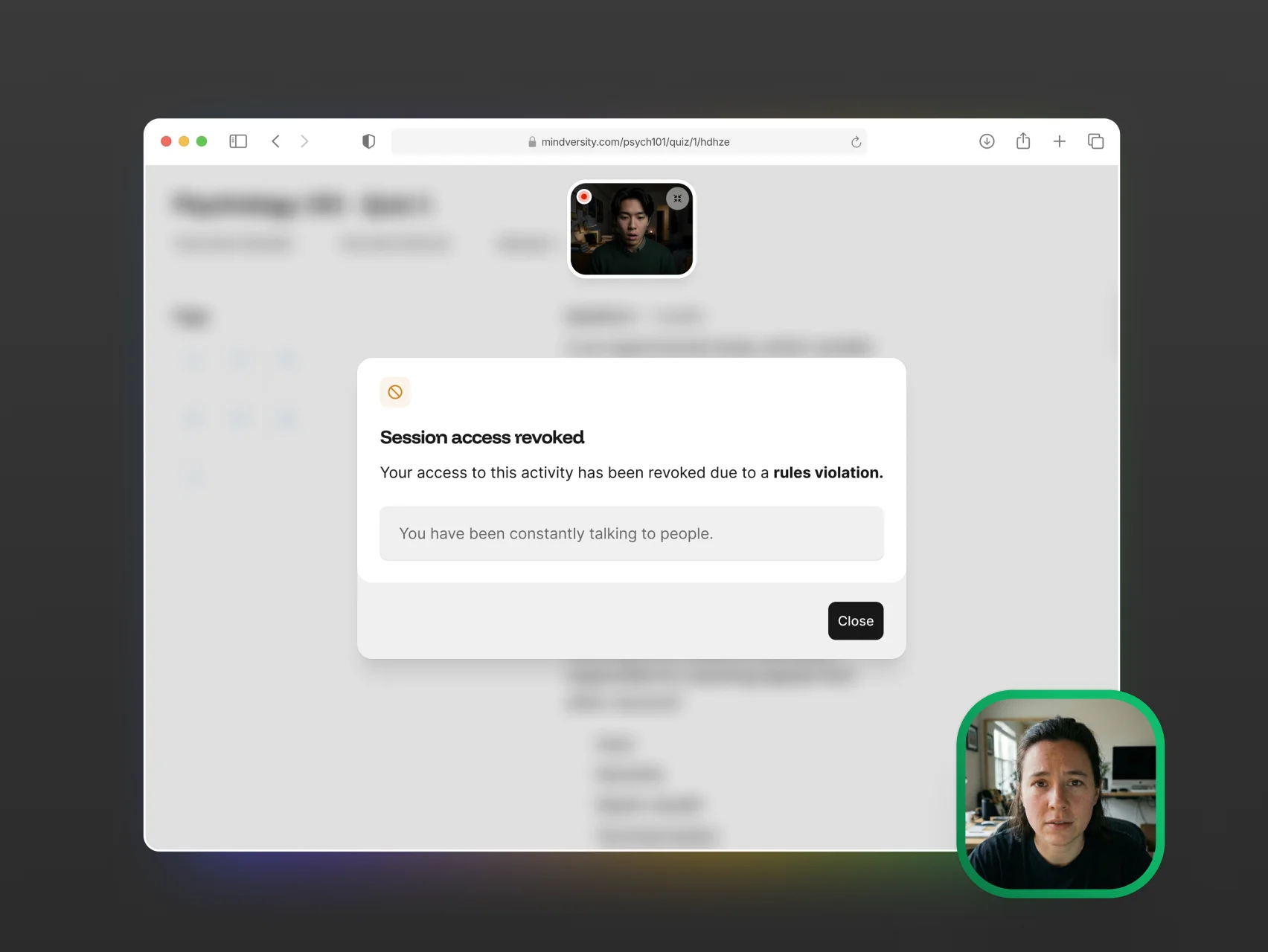 Online quiz screen with a session revoked warning for rules violation of constant talking.