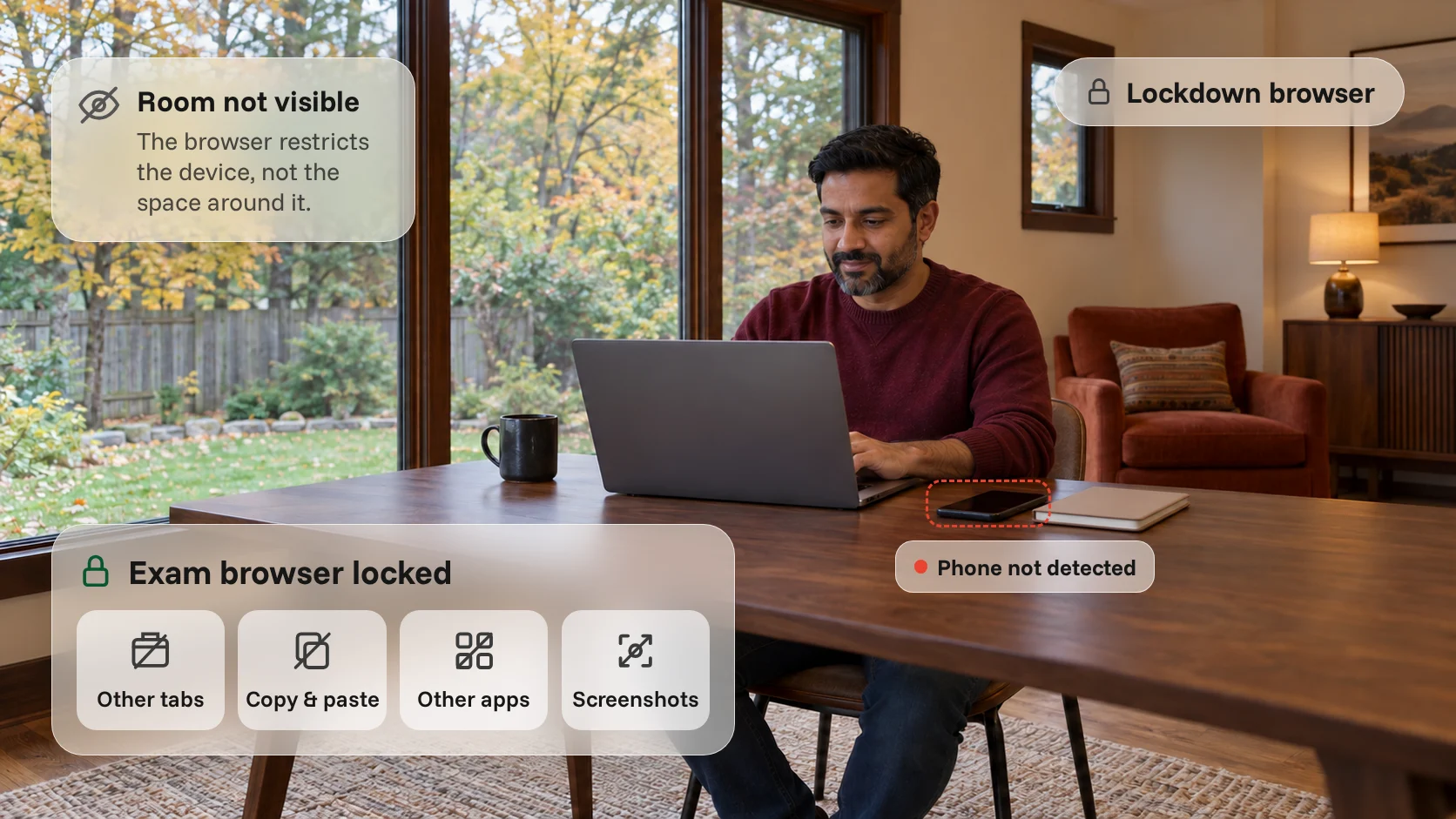Person taking an online exam at a laptop in a home office, with the exam browser blocking other tabs, copy and paste, other apps and screenshots, while a phone on the desk goes undetected.